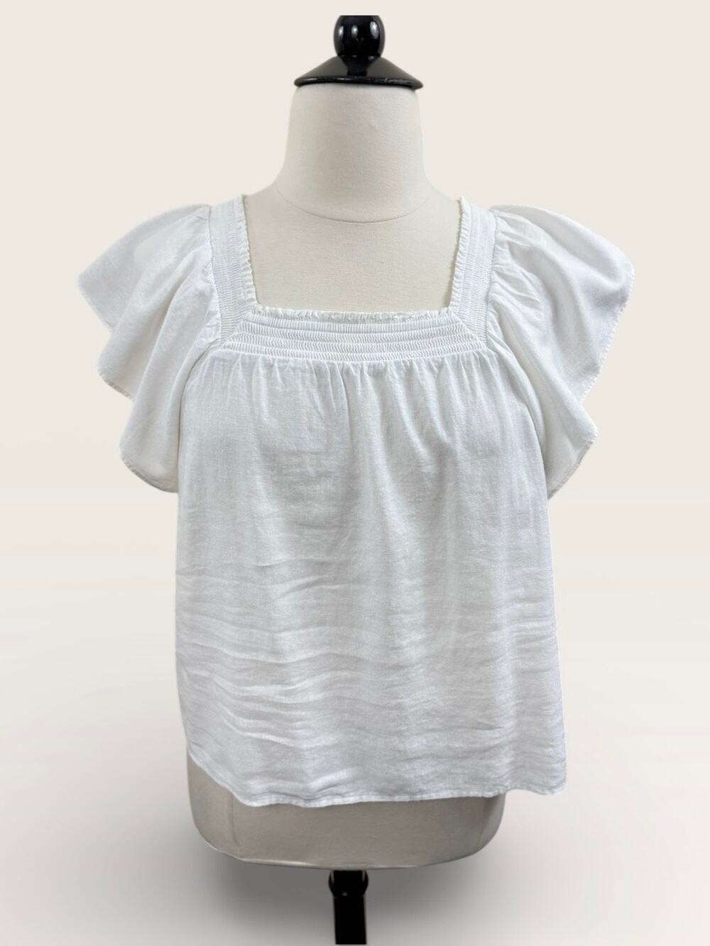 Calligraphe White Square Neck Flutter Sleeve Top, Size L
